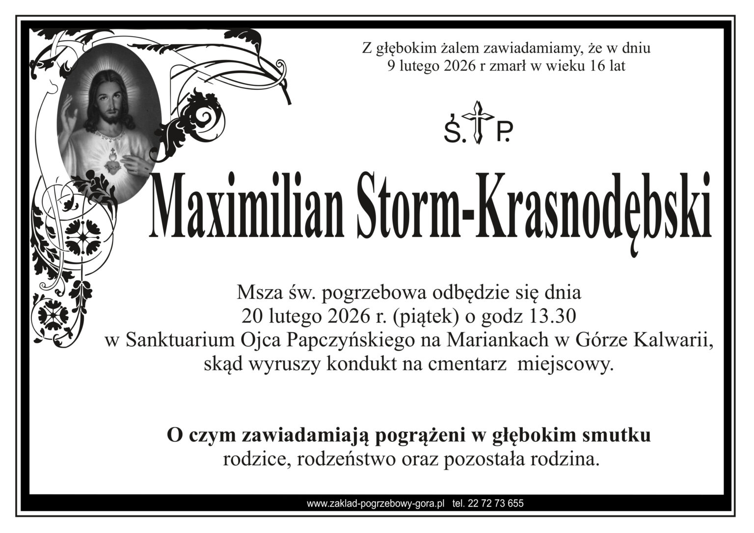 Nekrolog Maksymiliana Storm-Krasnodębskiego z informacją o pogrzebie